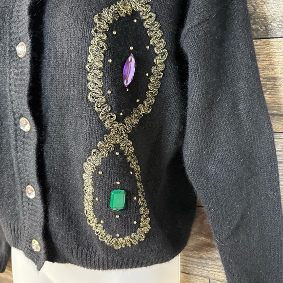 80s Bling Casino Grandma Cardigan Black Beaded Jewel Button Silk Angora Small S - Picture 4 of 9